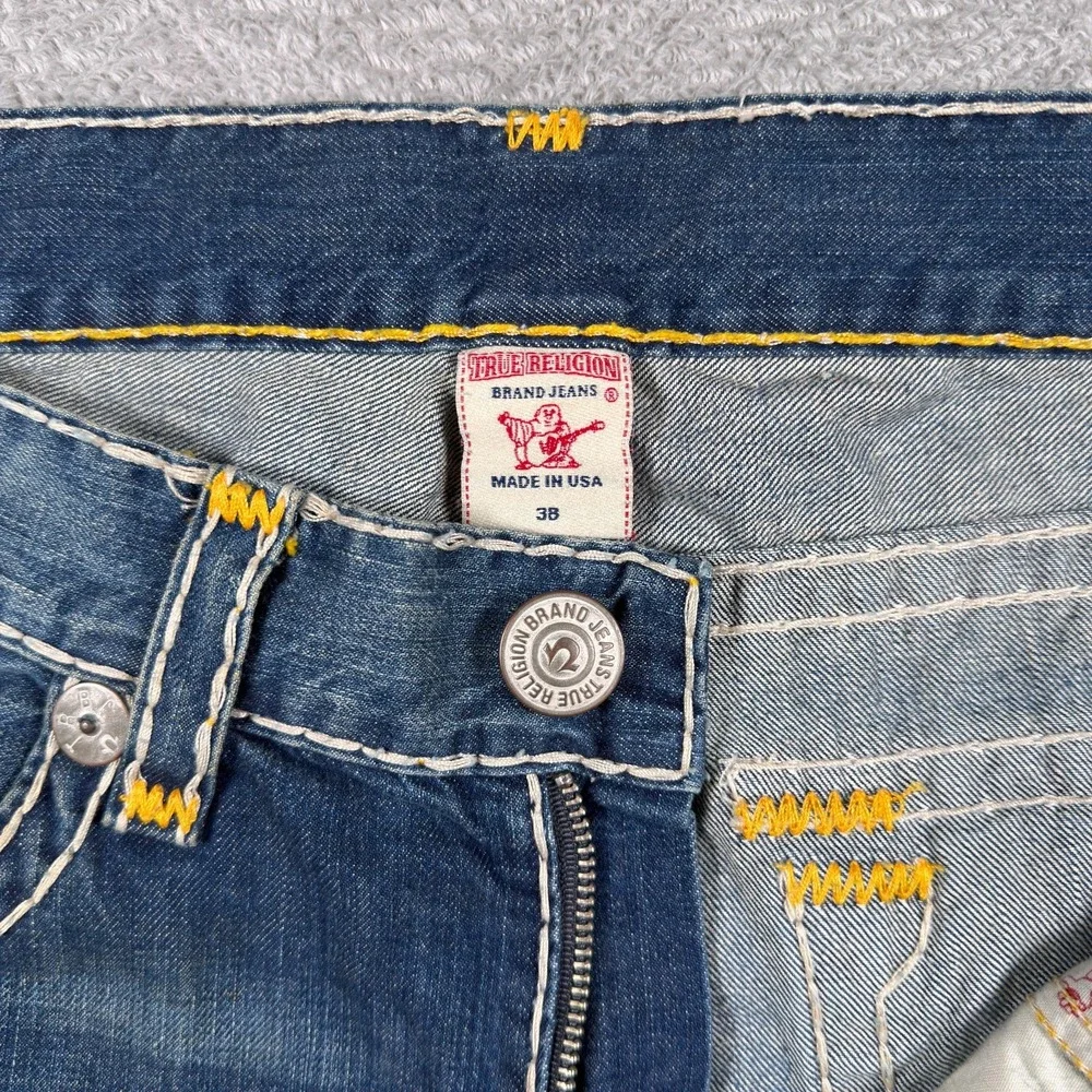 True Religion Jeans Mens 38x34 Ricky Super T Straight Leg Blue Distressed Denim